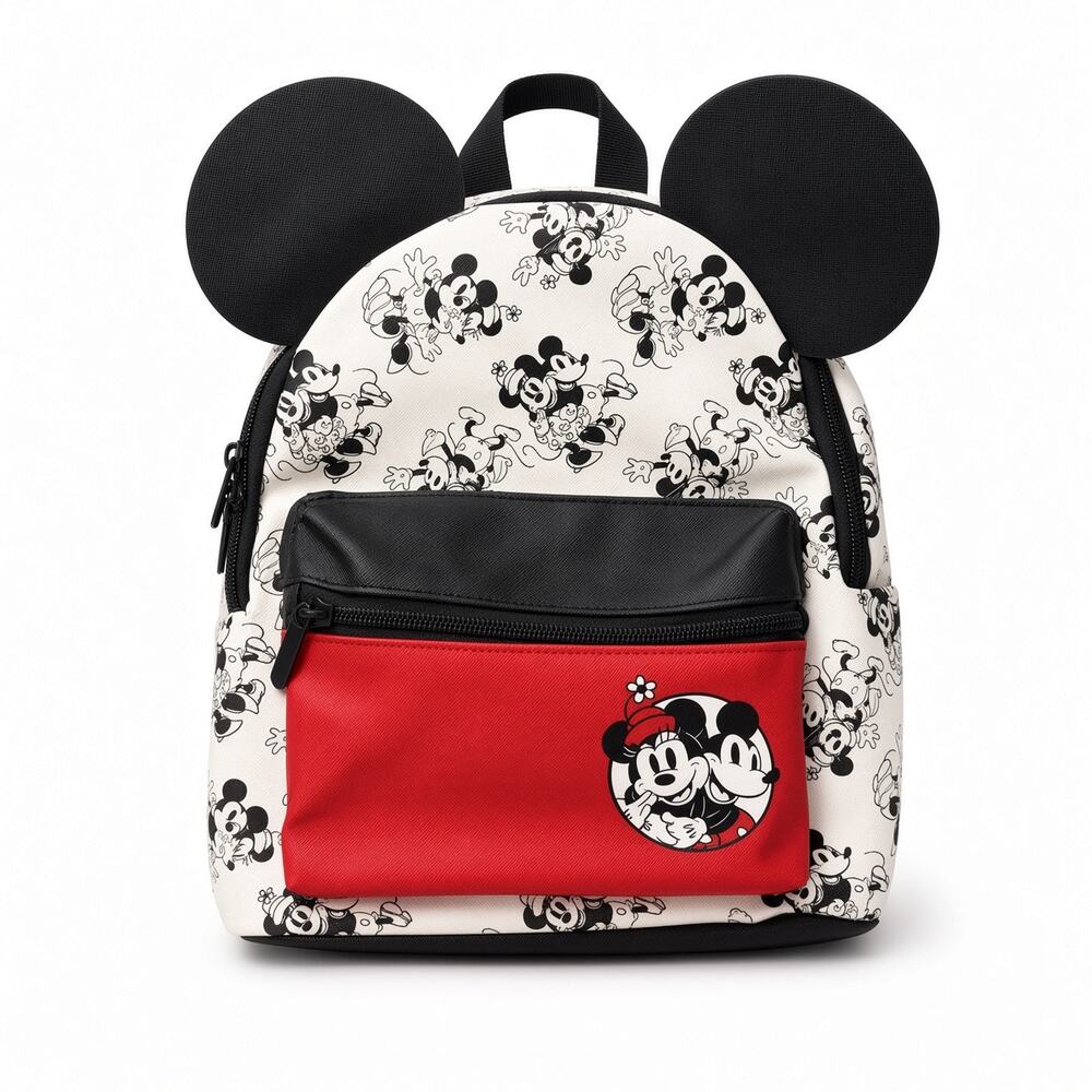 Disney Mickey Mouse Mini Backpack 3D Ears All-Over Print Cream Red
